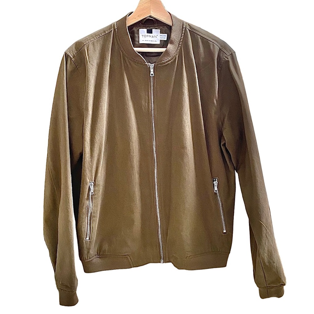 TOPMAN LIGHTWEIGHT MEN'S BOMBER JACKET OLIVE/KHAKI, 100% COTTON, SIZE LARGE NWOT